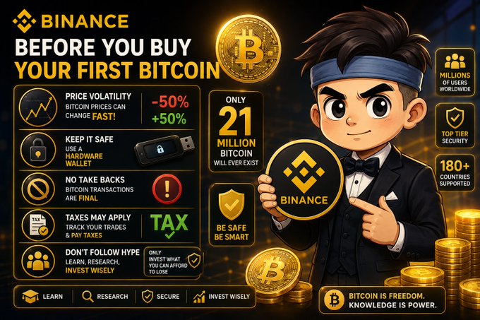 A Binance advertisement features a cartoon man in a tuxedo holding a BNB coin, with text warning 'BINANCE BEFORE YOU BUY YOUR FIRST BITCOIN'. It lists cautionary points like 'PRICE VOLATILITY', 'KEEP IT SAFE', and 'NO TAKE BACKS', noting 'ONLY 21 MILLION BITCOIN WILL EVER EXIST'.