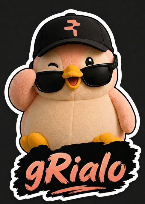 A cute plush chick wearing sunglasses and a black cap poses above the pink "gRialo" logo, matching the post's introduction to Rialo—a blockchain platform that integrates real-world data natively, eliminating the need for external oracles. The cool, self-sufficient mascot visually reinforces the idea of a "self-reliant" chain that doesn't depend on outside sources to access live data.