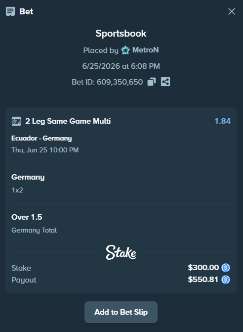 The image shows a Stake Sportsbook betting slip placed by user "MetroN" on 6/25/2026, featuring a 2-leg multi on the Ecuador vs. Germany match (Germany to win at 1x2 and Over 1.5 Germany Total) at 1.84 odds, wagering $300.00 for a potential $550.81 payout—aligning with the post's promotion offering $50 to a commenter if the bet hits.