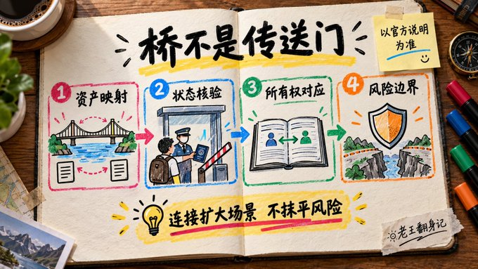 An illustrated infographic in Chinese on a notebook page titled '桥不是传送门' (A bridge is not a portal), showing four steps: 资产映射 (Asset Mapping), 状态核验 (State Verification), 所有权对应 (Ownership Correspondence), and 风险边界 (Risk Boundary).