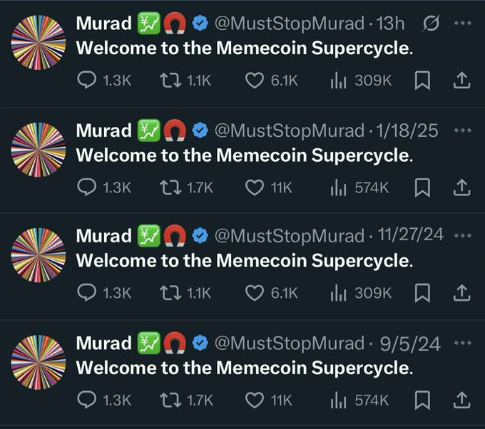 A screenshot of four repeated tweets from verified user @MustStopMurad saying 'Welcome to the Memecoin Supercycle,' with engagement metrics showing high view counts ranging from 309K to 574K.