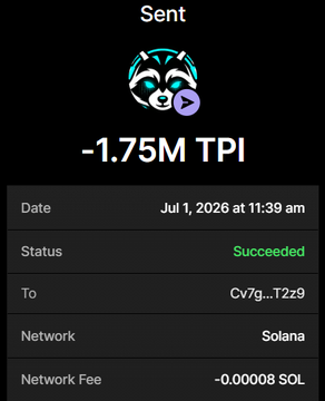 A successful transaction of -1.75M $TPI was sent to address Cv7g...T2z9 on the Solana network on July 1, 2026, with a network fee of -0.00008 SOL, demonstrating an airdrop or token transfer in action.