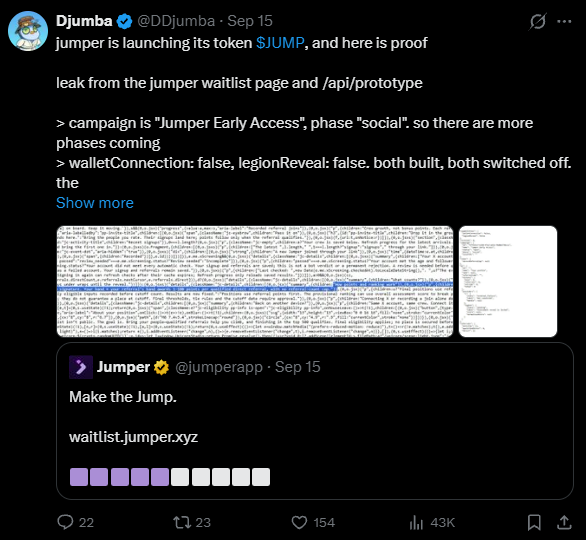 A tweet from Djumba (@DDjumba) discussing a token launch, stating 'jumper is launching its token $JUMP, and here is proof', showing a code snippet and a quoted tweet from Jumper (@jumperapp) saying 'Make the Jump. waitlist.jumper.xyz'.