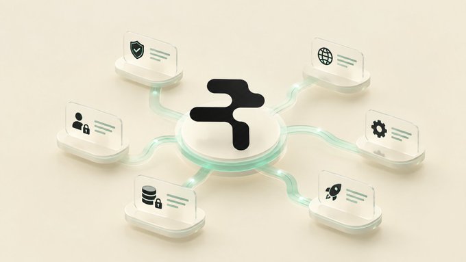 Minimalist 3D graphic showing a central connected logo linked to six feature icons representing security shield, globe, user profile, settings gear, database, and rocket launch services.
