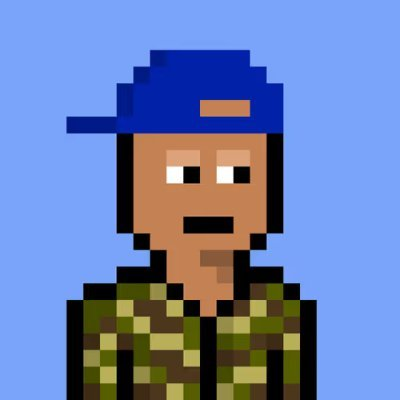 A pixel art avatar of a character wearing a blue cap and camouflage shirt, resembling the style of CryptoPunks NFTs. The image relates to the post by showcasing a "V0-Punks" character, tying into the Nakamigos community theme.