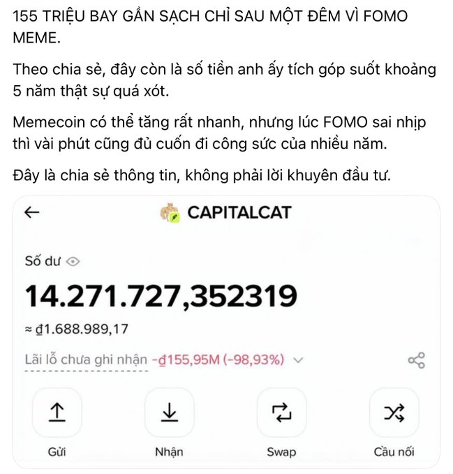 A Vietnamese news post describes a user losing 155 million (down -98.93%) overnight due to FOMO on a meme coin, with a wallet named 'CAPITALCAT' showing a balance of 14,271,727.352319.