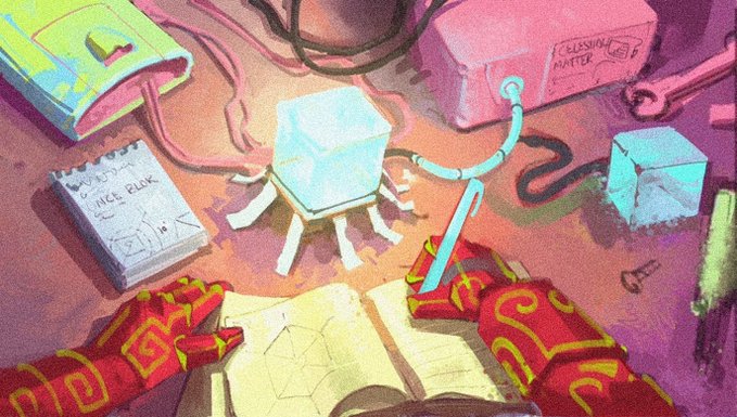 An illustrated scene shows red gloved hands using a floating cube to draw shapes from a book, with a notepad labeled "ICE FLICK" nearby.