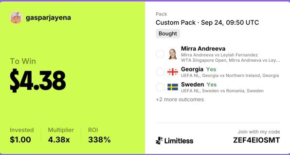 Limitless prediction market custom pack for Sep 24 09:50 UTC, showing user gasparjayena with a $4.38 win ($1 invested, 4.38x multiplier) on tennis and UEFA matches.