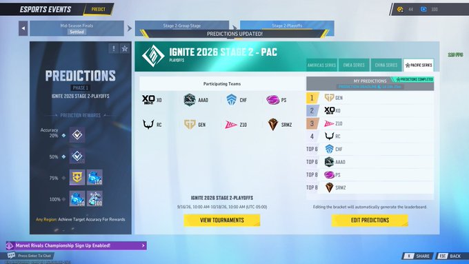 A video game interface showing esports predictions for the 'IGNITE 2026 STAGE 2 - PAC' playoffs with a bracket listing participating teams.