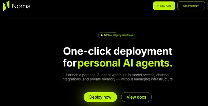 The image shows the Noma homepage with a dark theme, featuring the bold headline "One-click deployment for personal AI agents" and a "Nclaw deployment layer" tag, with "Deploy now" and "View docs" buttons. This aligns with the post's emphasis on Noma simplifying AI agent usability by offering streamlined deployment, supporting the post's point that NOMA addresses the friction of managing different APIs and setups across AI models.