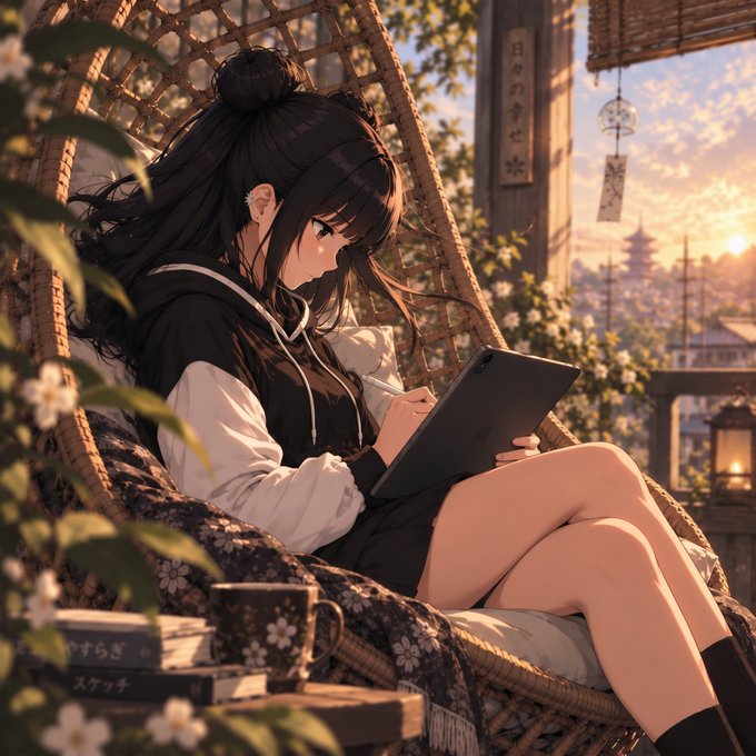 An anime illustration depicts a dark-haired girl sitting in a hanging wicker chair using a tablet, with a sunset cityscape and pagoda visible in the background.