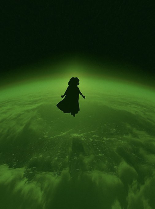 A silhouette of a girl in a dress appears to float or fly above a green-tinted view of Earth from space.