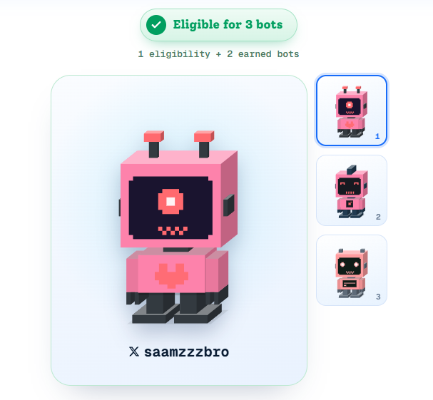 The image shows a pink 3D voxel-style robot NFT with the username "saamzzbro" below it, alongside two smaller robot variants numbered 1-3, with a green badge indicating "Eligible for 3 bots" based on "1 eligibility + 2 earned bots." This appears to be an eligibility status display for the CONSO BOTS mint, showing the user's allocation of three bots across three participation phases mentioned in the announcement.