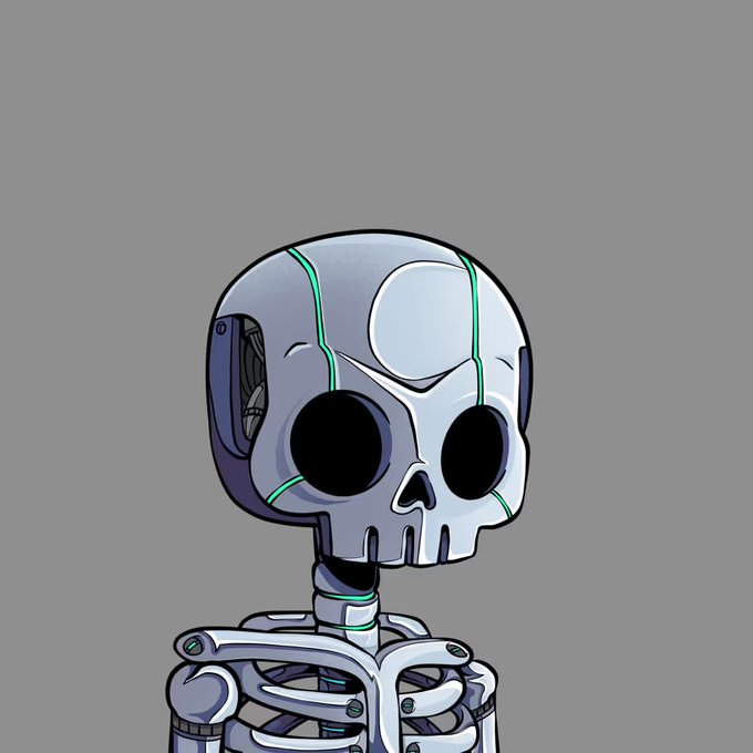 A stylized illustration of a robot with a skull-like face, large black eye sockets, and glowing green wires running through its grey metal body and exposed ribcage.