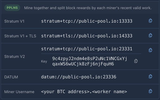 The image features a computer screen with several rows of text displayed, likely providing technical information or instructions about mining using the PPLNS cryptocurrency. The top left corner of the screen has a post explaining the use of "Stratum" and its relationship to Bitcoin mining pools, while the bottom right corner contains another post from @keegreil about the use of DATUM in mining.