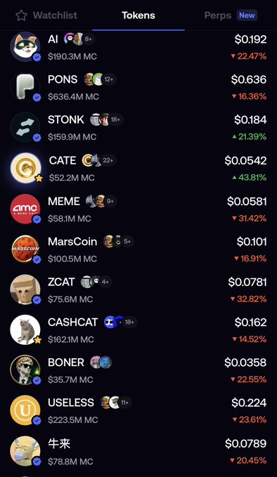 A dark-themed cryptocurrency tracking app screenshot displays a "Tokens" list featuring meme coins such as AI ($0.192), PONS ($0.636), STONK ($0.184), CATE ($0.0542), MEME ($0.0581), MarsCoin ($0.101), ZCAT ($0.0781), CASHCAT ($0.162), BONER ($0.0358), USELESS ($0.224), and 牛来 ($0.0789), with most tokens showing significant declines of 14-43% in red, except CATE and STONK which display green gains of 43.81% and 21.39% respectively, perfectly illustrating the post's message that "a picture says a thousand words" by visually capturing the widespread bearish sentiment across the meme coin market at a single glance.