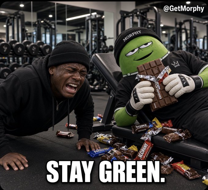 A meme in a gym showing a screaming man doing pushups next to a green character eating a chocolate bar, with scattered candy wrappers, the text "STAY GREEN." and watermark "@GetMorphy".