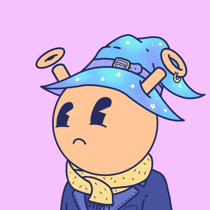 A cartoon illustration of a character wearing a blue wizard-style hat with stars and golden ear pieces, and a yellow scarf, against a pink background.