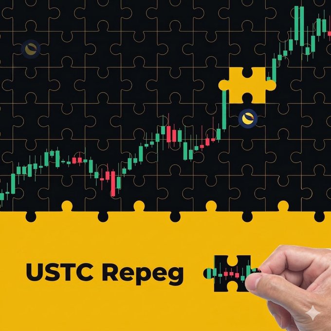 The image shows a candlestick chart overlaid on puzzle pieces, with one piece labeled "USTC Repeg" being placed by a hand to complete the pattern. The chart illustrates a price recovery trend, visually representing the post's claim that re-pegging USTC to $1 will be the key catalyst driving LUNC's upward momentum.