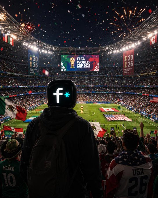 The image shows a person wearing a backpack, standing near a crowd at a soccer stadium with fireworks in the background. The person appears to be watching a soccer game or event taking place on the field. The scene also includes various flags and banners scattered around the area, adding to the festive atmosphere of the event.