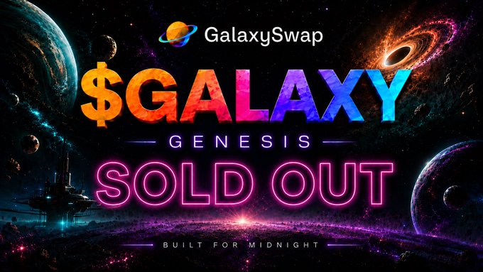The image features a poster for a game called "Galaxy Genesis" that has been sold out. The poster showcases a colorful depiction of planets, stars, and spaceships against a black background with neon lights. The text on the poster reads "Sell Out", indicating that the game is available for purchase at this time. The poster also mentions that the game is built for midnight release, which suggests that it has been completed and ready to be launched in the evening. Additionally, there are mentions of other games like Solana and Cardano, implying that the game "Galaxy Genesis" is part of a larger ecosystem of digital assets or projects. The poster also highlights the team's progress from fundraising to execution, indicating that they have successfully raised funds for development and are now in the process of launching the game.