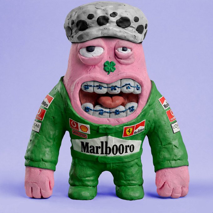 A 3D-rendered sculptural figurine of a cartoonish pink character wearing a green Marlboro/Ferrari racing suit and a polka-dot beret, with exaggerated features like braces and a clover-shaped nose.