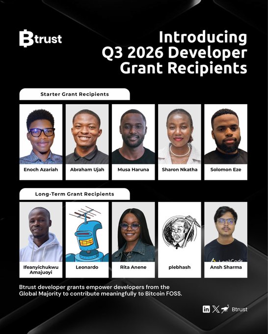 An announcement graphic from Btrust titled "Introducing Q3 2026 Developer Grant Recipients" features headshots of Starter Grant Recipients (Enoch Azariah, Abraham Ujah, Musa Haruna, Sharon Nkatha, Solomon Eze) and Long-Term Grant Recipients (Ifeanyichukwu Amajuoyi, Leonardo, Rita Anene, plebhash, Ansh Sharma).