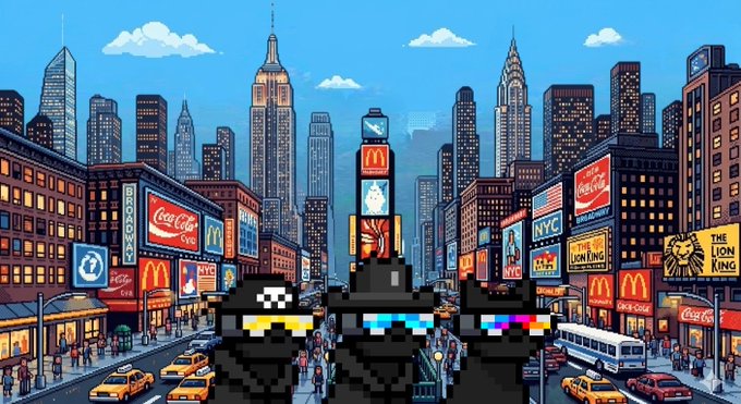 A stylized cartoon NYC Times Square scene with Coca-Cola and McDonald's billboards, featuring three pixelated NFT-style characters wearing sunglasses and baseball caps.