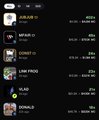A screenshot of a mobile app displaying a vertical list of user profiles with avatars, usernames, and Chinese text on a dark background.