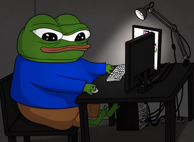 A Pepe the Frog cartoon character sits at a computer desk in a dimly lit room, illuminated by a desk lamp while using a keyboard and mouse—fitting the "good evening frens" post as it captures a cozy, late-night vibe commonly shared by crypto and meme culture communities.