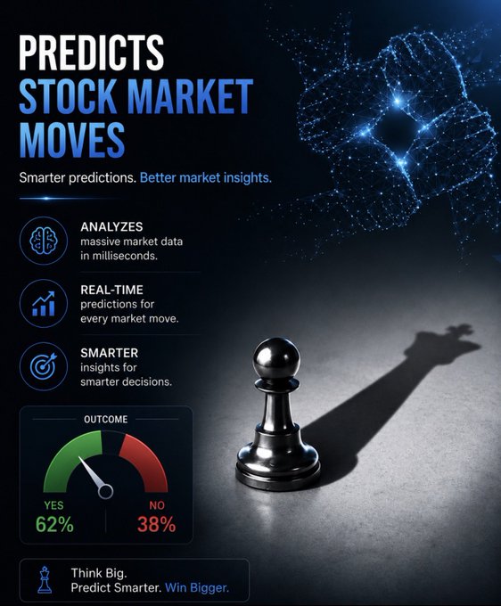 A dark-themed promotional graphic with the headline "PREDICTS STOCK MARKET MOVES" and tagline "Smarter predictions. Better market insights." features a chess pawn casting a king-shaped shadow, alongside an "OUTCOME" gauge showing YES 62%/NO 38%, and feature points for data analysis, real-time predictions, and smarter insights, visually echoing the post's theme that prediction markets measure collective conviction rather than forecasting the future outright.