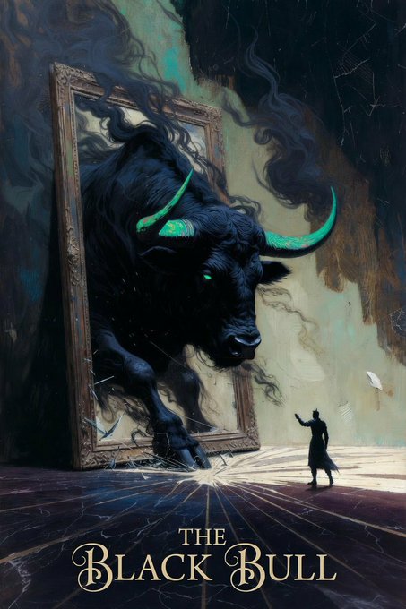 An artistic illustration titled 'THE BLACK BULL' depicts a large, dark bull with glowing green horns emerging from a framed picture, standing before a tiny silhouetted figure.