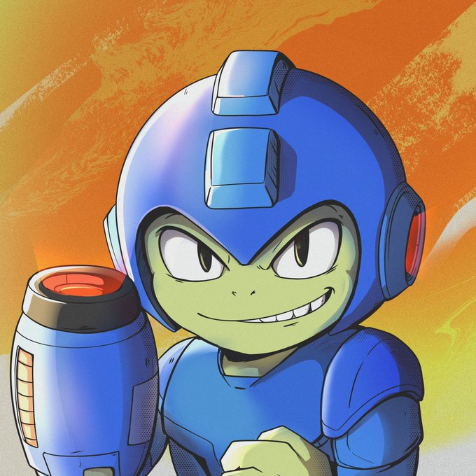 An illustrated depiction of the video game character Mega Man, a blue-armored robot with a helmet featuring a crest, smiling confidently against an orange background.