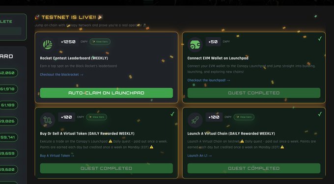 A cryptocurrency testnet dashboard displaying various quests including 'Rocket Contest Leaderboard' and 'Connect EVM Wallet on Launchpad', with completion statuses shown.