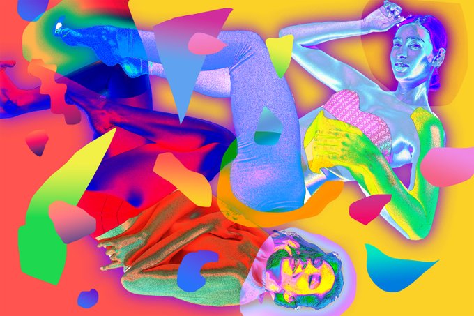 A vibrant, surreal digital illustration featuring two metallic, sculptural human figures intertwined against a yellow background, surrounded by colorful abstract shapes.