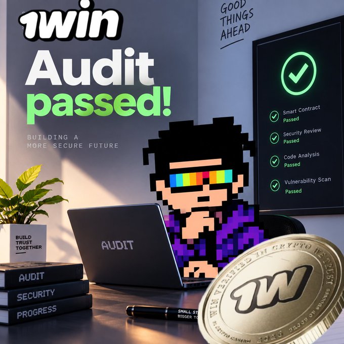 A promotional image for '1win' celebrating with text 'Audit passed!' and 'Building a more secure future,' featuring a pixel art character at a laptop, checklist showing Smart Contract, Security Review, Code Analysis, and Vulnerability Scan all 'Passed,' and a gold '1W' cryptocurrency coin.