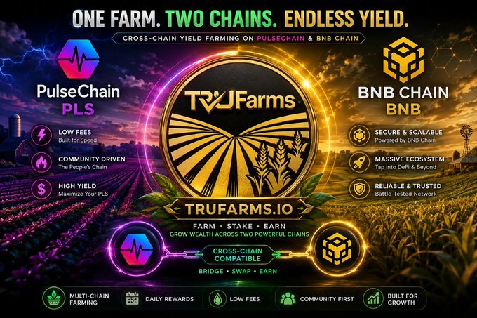 A promotional graphic for TRUFARMS.IO advertising cross-chain yield farming on PulseChain and BNB Chain, with the tagline 'ONE FARM. TWO CHAINS. ENDLESS YIELD.'
