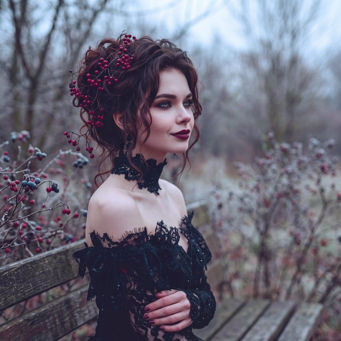 A woman with elaborate curly brown hair adorned with red berries sits on a wooden bench in a wintery outdoor setting, wearing a black lace off-shoulder dress and matching choker.