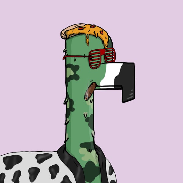 A cartoon illustration of a quirky character with a long green neck, wearing a pizza slice hat, red shutter shades, and a black-and-white spotted shirt, with a cigarette in its mouth.
