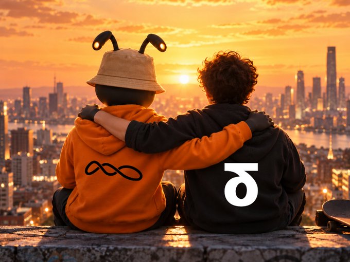 Two friends sit arms around each other, overlooking a glowing cityscape at sunset—one wearing an orange hoodie featuring the StandX logo, the other in a black hoodie with the NeoSoul "double circle/heart-like" symbol—visually embodying the solidarity between the two BSC projects as StandX exits with dignity and NeoSoul responds by giving an airdrop allocation to StandX's community.