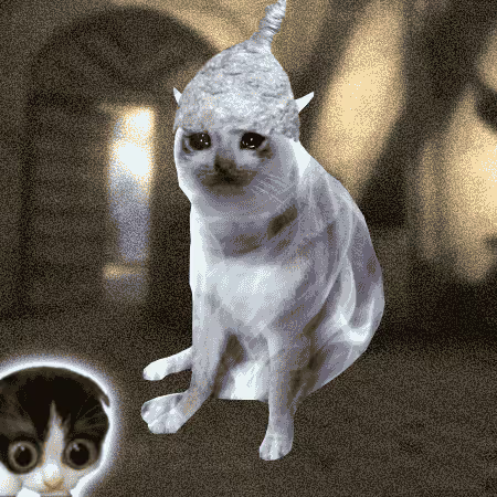 A digitally rendered or edited image of a white cat with a cone-shaped headpiece sitting upright, with a small black and white cat peeking in from the bottom left corner.