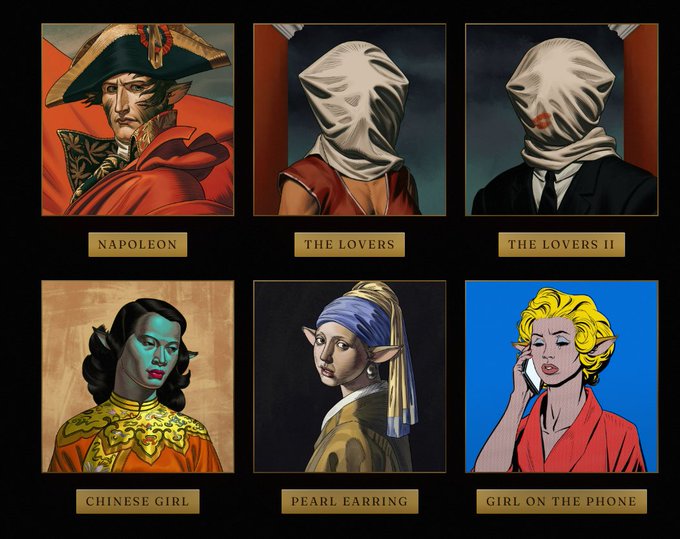 A grid of six stylized portrait cards labeled 'NAPOLEON', 'THE LOVERS', 'THE LOVERS II', 'CHINESE GIRL', 'PEARL EARRING', and 'GIRL ON THE PHONE', depicting reimagined classical artworks in a comic book illustration style.