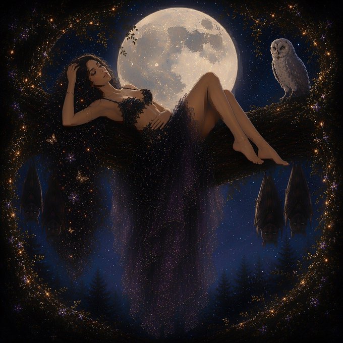 A fantasy digital artwork depicting a woman reclining on a crescent moon with a white owl, set against a starry night sky with a mirrored reflection below.