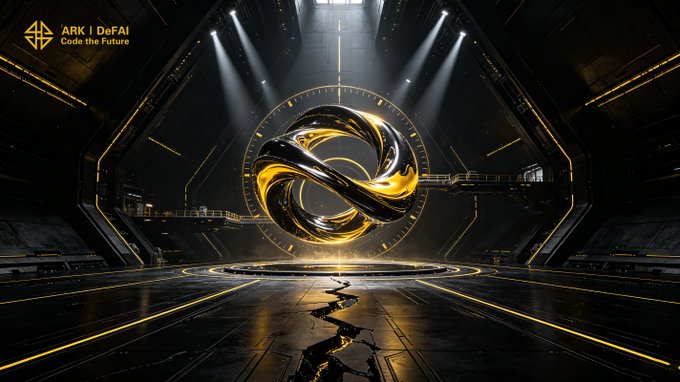 A futuristic black and gold scene features a sleek, intertwined metallic sphere with glowing yellow accents at its center, surrounded by dramatic spotlights and angular architecture with a cracked floor symbolizing transformation. The text "ARK | DeFAI - Code the Future" appears in the top-left corner, visually reinforcing the post's message of continuous AI evolution through the sphere's dynamic, looping design representing the cycle of learning, executing, improving, and repeating.