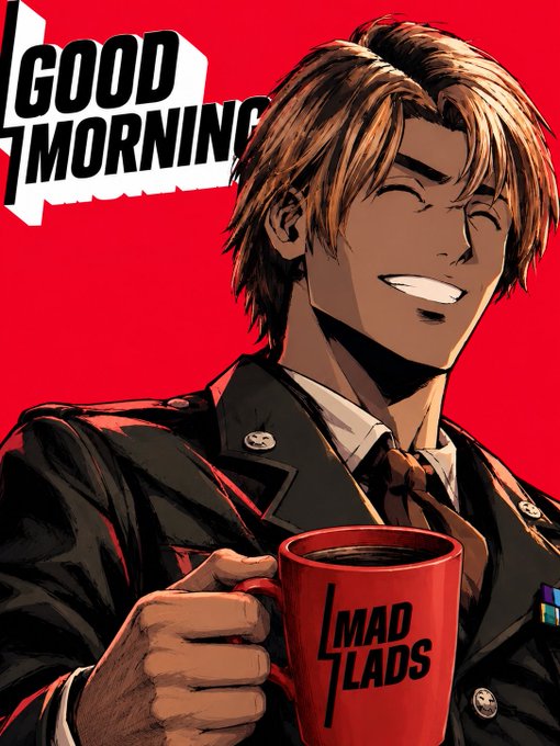 Anime illustration of a smiling young man in a school uniform holding a red 'MAD LADS' coffee mug, with 'GOOD MORNING' text on a red background.