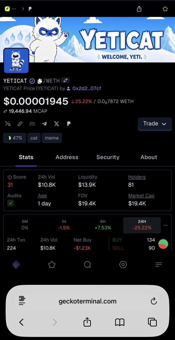 A screenshot of a cryptocurrency token page on geckoterminal.com for 'YETICAT' (YETICAT) showing a price of $0.00001945 with a 25.22% decrease and a market cap of $19,446.94.
