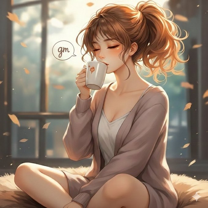 An anime-style illustration of a woman with a high ponytail, dressed in a cozy oversized cardigan and shorts, sitting cross-legged on a fluffy rug as she sips from a white mug, with a speech bubble displaying "gm." The image pairs with the post as a cheerful "good morning" visual greeting ("gm") shared with the crypto community on a Saturday, promoting the $River token and tagging @River4fun.