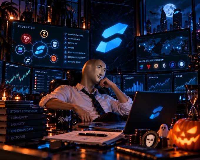 A digital illustration of a person at a desk with a laptop displaying the 'STONKS' logo, surrounded by multiple monitors showing crypto ecosystem data, charts, and a 'Multi-Chain Expansion' map, accompanied by Halloween-themed decor like a jack-o'-lantern.