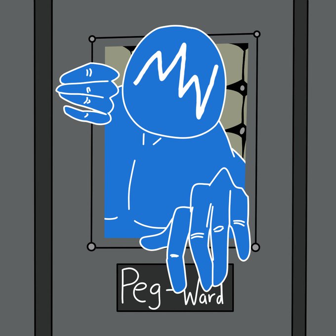 A blue cartoon character with a squiggly face symbol on its head and elongated hands appears to be picking a lock labeled 'Peg-Ward' on a gray door.