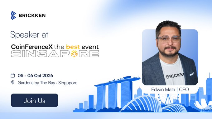 The image is a promotional graphic for BrickKen announcing that CEO Edwin Mata will be a speaker at CoinFerenceX Singapore on October 5-6, 2026, at Gardens by the Bay. The graphic complements the post by visually highlighting Mata's participation in the "Tokenized Funds" panel, where he will address what institutions are putting on-chain and the scaling challenges in tokenization.